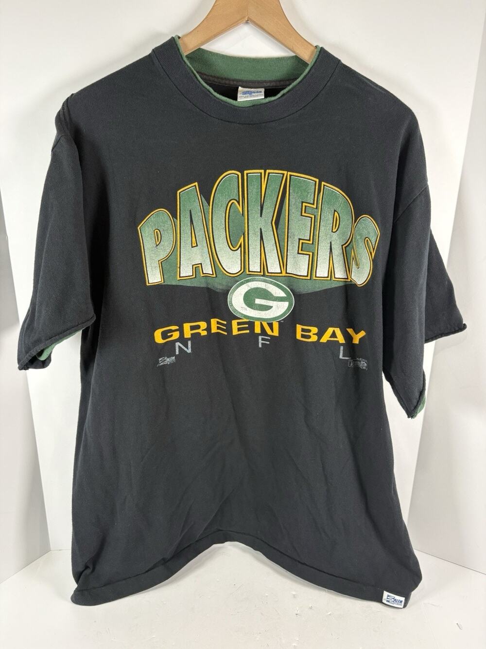 Vintage 1992 Green Bay Packers Salem Sportswear NFL USA T Shirt XL Black Tee